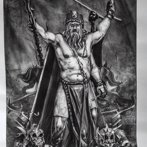 Prompt: odin with huggin and munning on his shoulders walking through the sea of death, with the valkyries army behind. he is holding