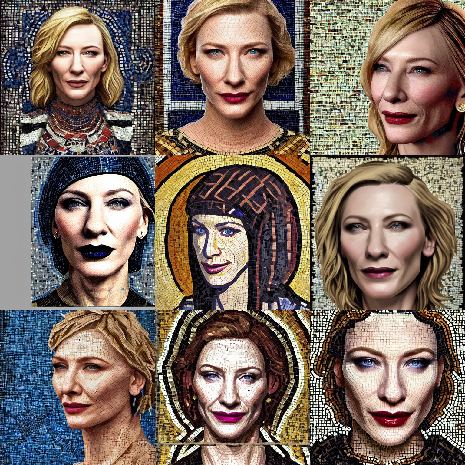 Prompt: roman mosaic of cate blanchett photorealism