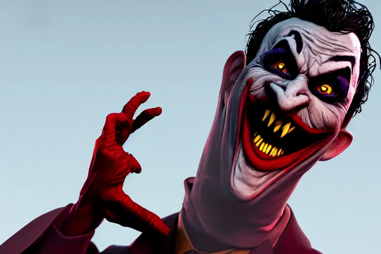 Image similar to Joker imitates Spider-Man and laughs, scary scene, top horrible creatures, horrible, horrors filmed on camera, fangs and drool, jaw and tongue, man is terrified, 8k, black and red, octane render, hyper-realistic, artstation trends, ray tracing, night, flashlight