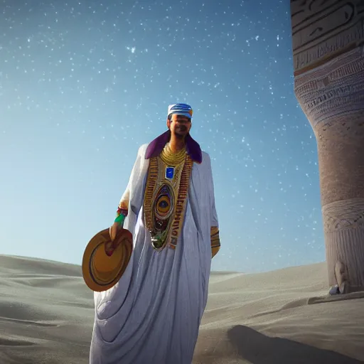 Prompt: a man in egyptian clothing wearing rings and jewlery on his neck, 8k resolution, serene, magical, digital art, hyperdetailed, Unreal Engine