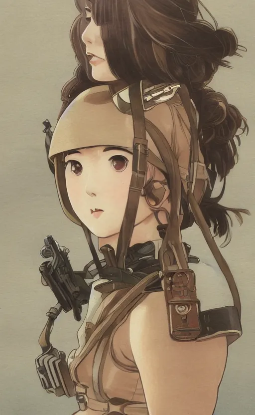 Image similar to japanese pilot girl fighting ww2, anime style, long hair, hair down, symmetrical facial features, ww2 era, hyper realistic, pale skin, 4k, rule of thirds, extreme detail, detailed drawing, trending artstation, hd, konpeki no kantai, D&D, realistic lighting, by Alphonse Mucha, Greg Rutkowski, sharp focus, backlit, soldier clothing