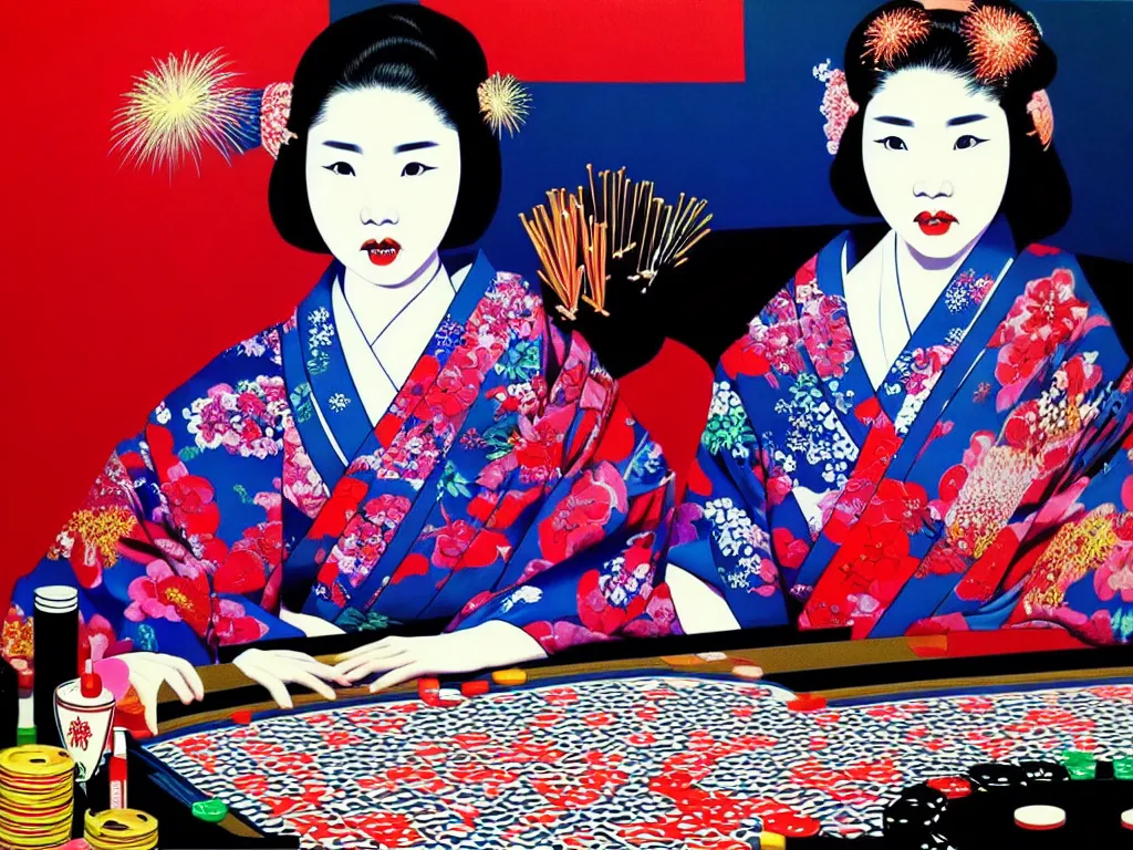 Image similar to hyperrealistic composition of the detailed woman in a japanese kimono sitting at a extremely detailed poker table with detailed darth vader, fireworks, mount fuji on the background, pop - art style, jacky tsai style, andy warhol style, acrylic on canvas