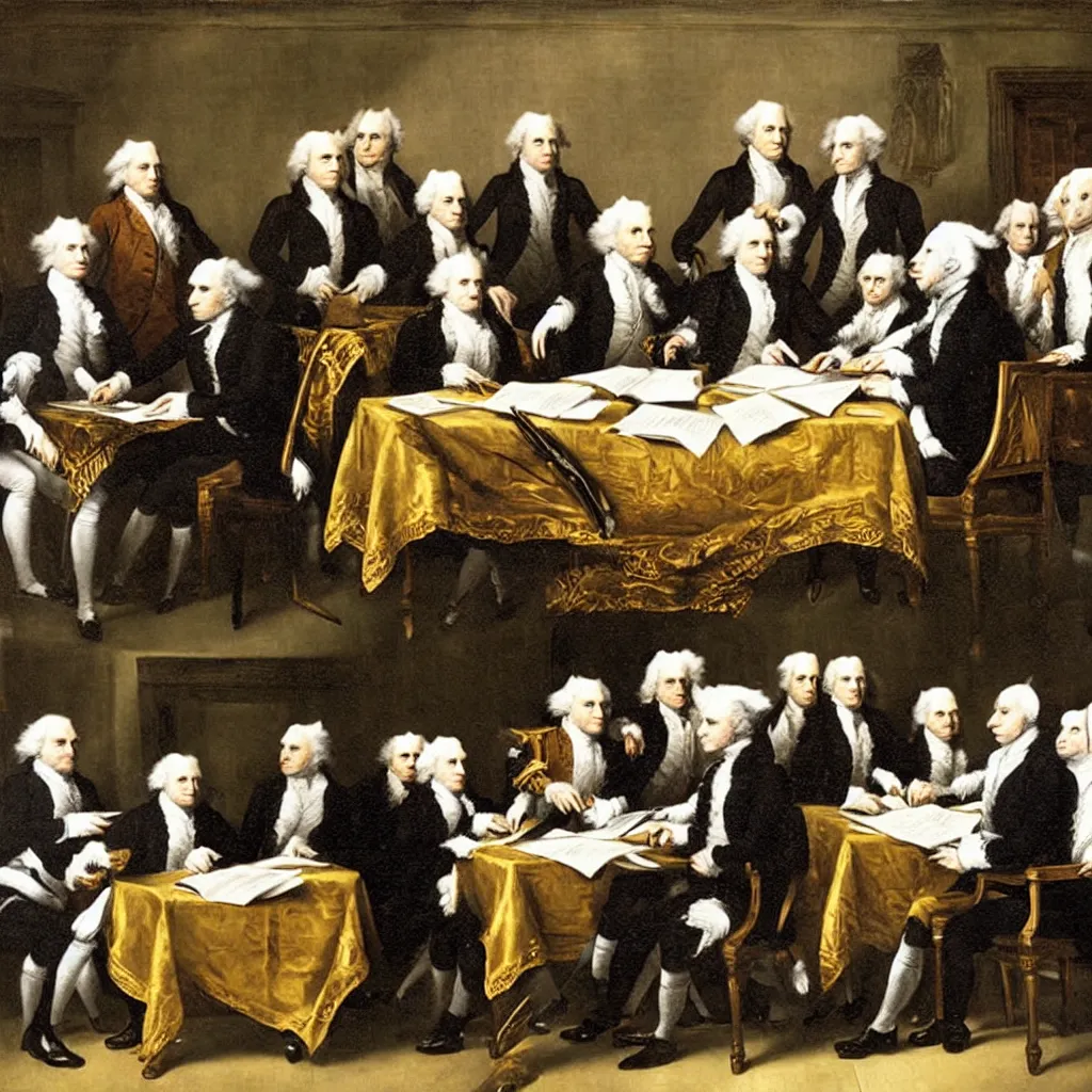 Image similar to cats signing the declaration of independence