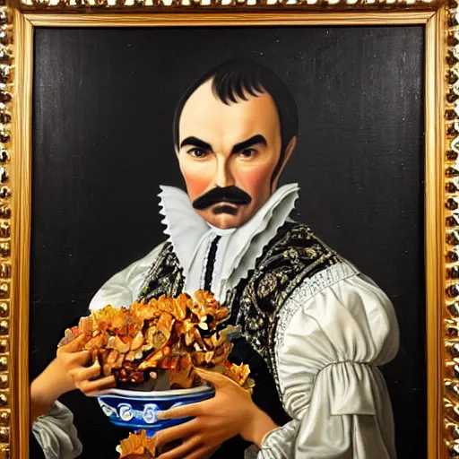 Image similar to a 1 6 0 0 s framed portrait painting of burt reynolds holding a bucket of fried chicken, intricate, elegant, highly detailed