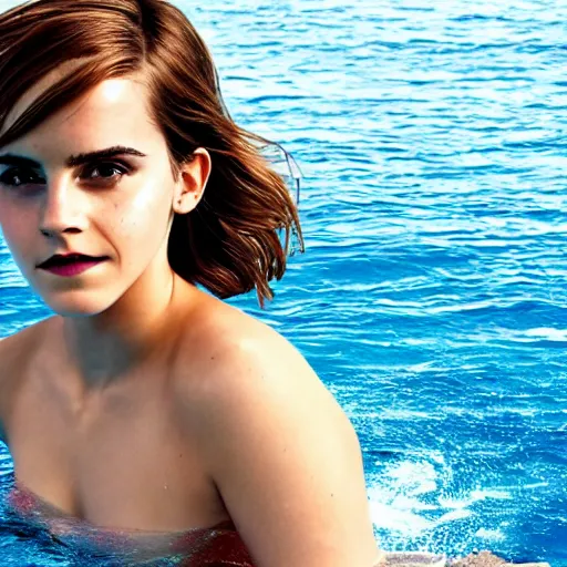 Image similar to emma watson wearing a swimsuit, swimming underwater, attractive curves, beautiful face, whole body visible, 4 k cinematic photo, hyperrealistic.