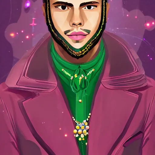 Image similar to A very handsome jewelpunk young man. A Jewelpunk society would be one of gleaming perfection, where every surface is adorned with sparkling gems and jewelry. The skies would be a rainbow of colors, as light reflecting off of the endless gems creates a spectrum of hues. The people would be impeccably dressed, with each outfit adorned with jewels that match their personality and status. Even the weapons and other tools would be made out of precious metals and gems, adding to the overall air of opulence. Men are objectified as much as women.