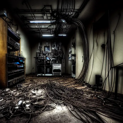 Image similar to a biomechanical cybergoth of dust and ash and wires in a dark grimy bleak room, low key