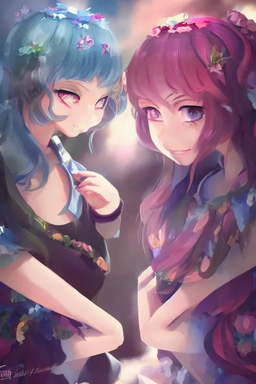 Image similar to two beautiful idols standing face to face, trending artstation, pixiv, detailed digital art