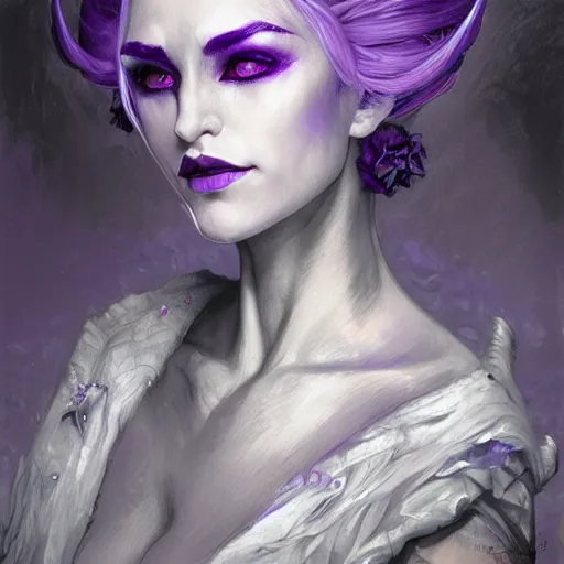 Prompt: head and shoulders portrait of a beautiful female drow elf warlock, purple skin, white hair, violet magic, royo, klimt, miro, vallejo, frazetta, alphonse mucha, greg rutkowski, whealan