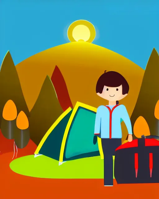 Image similar to autumn hillside boy with camping bag illustration light color