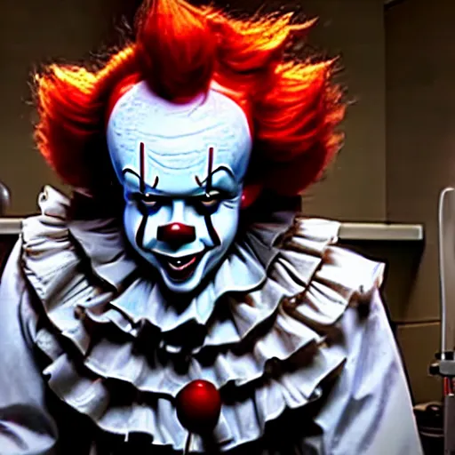 Image similar to a photograph of pennywise wearing a doctor's gown in a hospital, with a lab coat, with a stethoscope, hyperdetailed, intricate, dramatic, horror movie, movie still, 4 k realistic, volumetric lighting, sharp focus, american shot