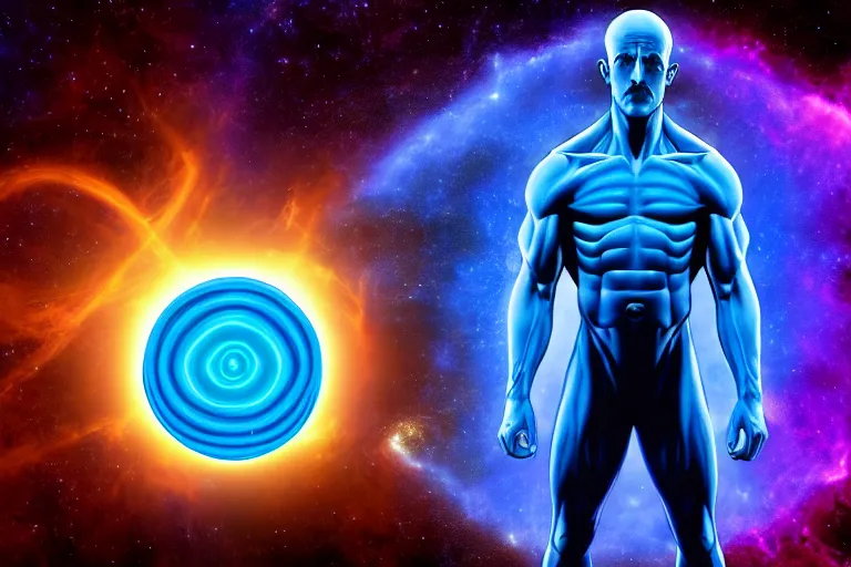 Image similar to dr Manhattan many armed Hindu creator destroyer god controls every atom in the galaxy, selective color effect, cinematic, wide angle cinematography, yin Yang, 8k wallpaper