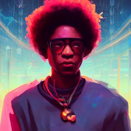 Image similar to afro - cyberpunk man manifesting dreams with ancestral magic in a modern world | hyperrealistic oil painting | by makoto shinkai, ilya kuvshinov, lois van baarle, rossdraws, basquiat | afrofuturism, in the style of surrealism, trending on artstation | dark color scheme