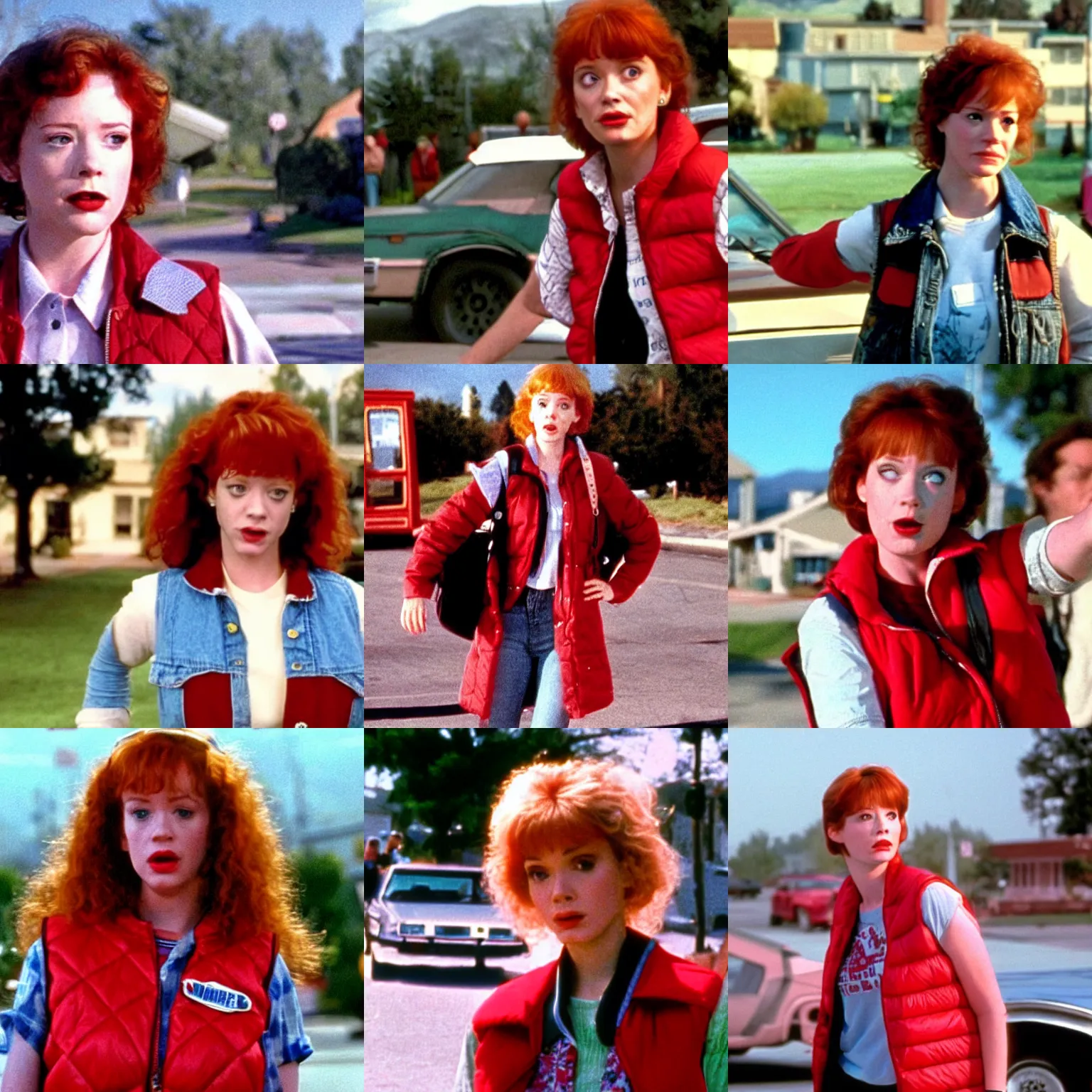 Prompt: female marty mcfly, wearing red down vest, played by young christina hendricks, back to the future closeup movie still, hill valley in background ( 1 9 8 5 )