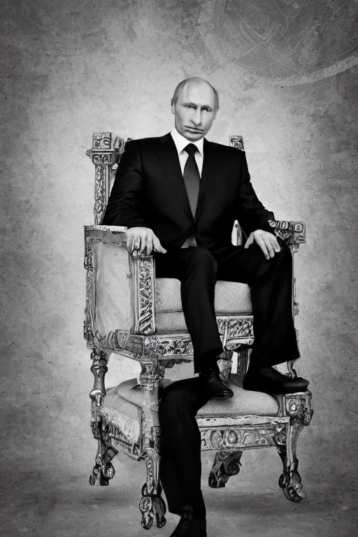 Image similar to A photo of vladimir putin the barbarian sitting on his throne, award winning photography, sigma 85mm Lens F/1.4, perfect faces