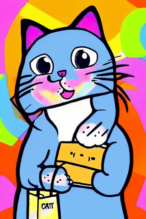 Image similar to i really love cat with paper bag on head + cute + adorable animation + lisa frank + kawaii