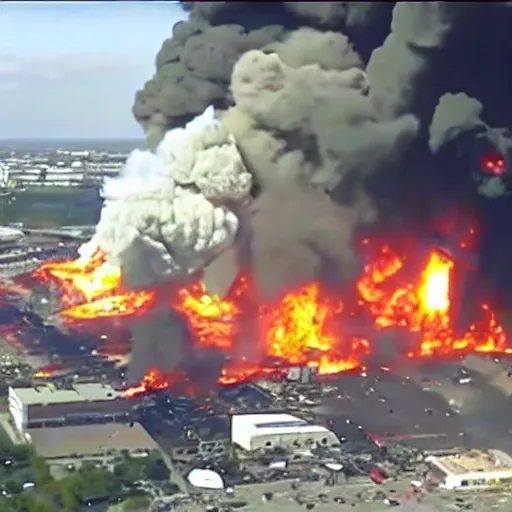 Image similar to bleve explosion, 2 4 0 p footage, 2 0 0 6 youtube video, helicopter footage over city, gas station explosion