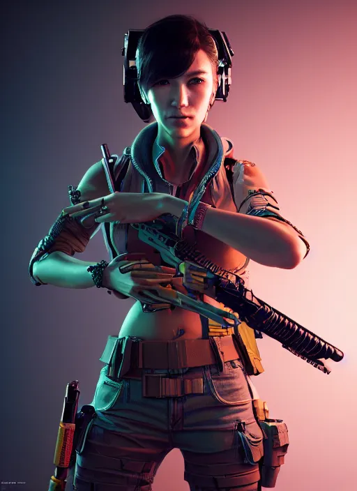 Image similar to the portrait of lawful neutral female cyberpunk marine sniper as absurdly beautiful, gorgeous, elegant, young gravure idol, an ultrafine hyperdetailed illustration by kim jung gi, irakli nadar, intricate linework, bright colors, octopath traveler, final fantasy, unreal engine 5 highly rendered, global illumination, radiant light, detailed and intricate environment