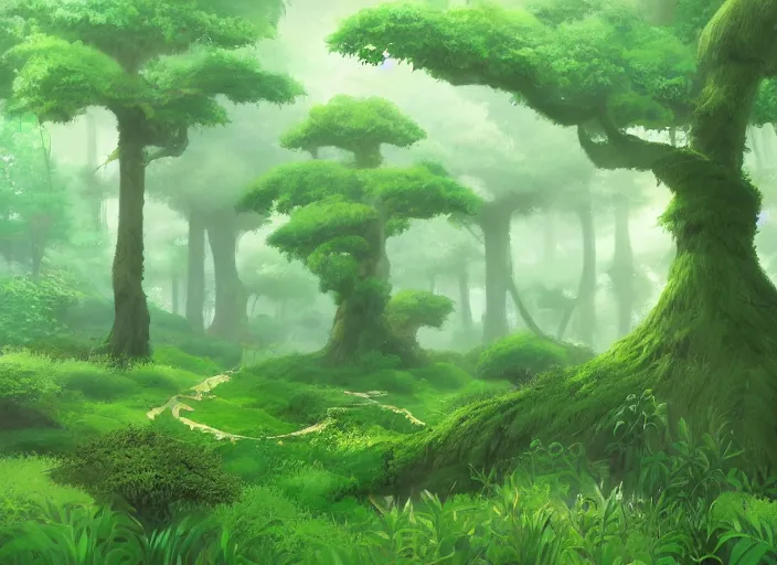 Image similar to A lush green forest by Ghibli Studio, digital art, immaculate scale