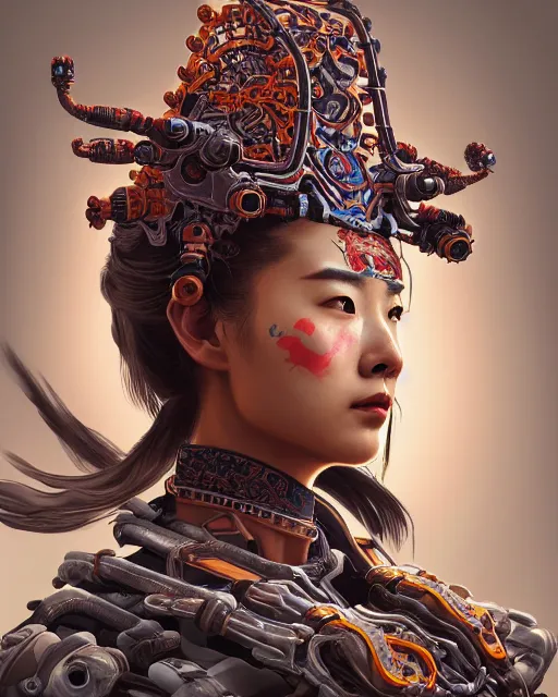 Image similar to portrait of a machine from horizon zero dawn, machine face, upper body, decorated with chinese opera motifs, asian, traditional chinese art, intricate, elegant, highly detailed, digital painting, artstation, concept art, smooth, sharp focus, illustration, art by artgerm and greg rutkowski and alphonse mucha, 8 k