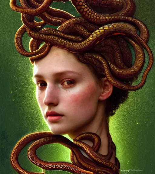 Image similar to portrait of alopecia spanish teen medusa, snakes grow from her head, wearing an embroidered rusty tunic, dark background, intricate, elegant, copper and emerald jewelry, glowing lights, highly detailed, digital painting, artstation, concept art, smooth, sharp focus, illustration, art by wlop, mucha, artgerm, and greg rutkowski