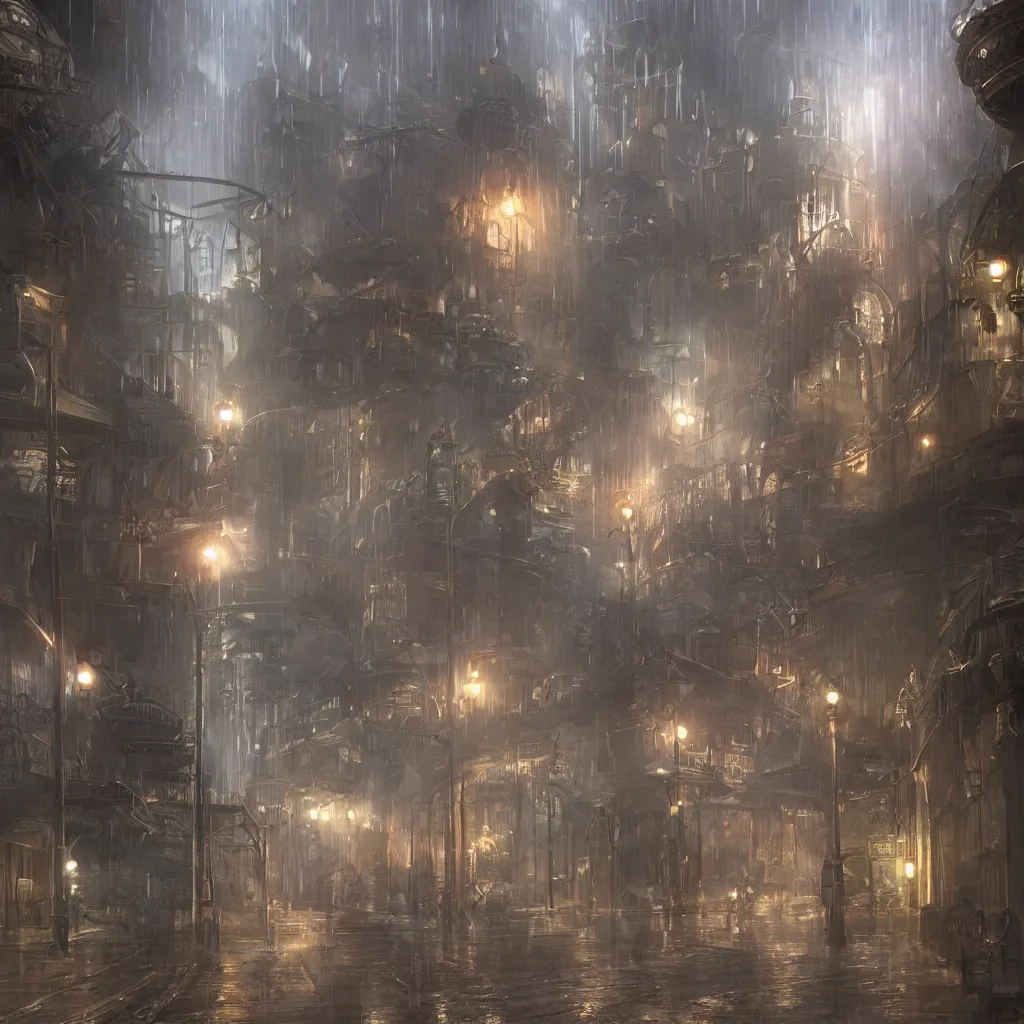 Image similar to steam punk city, concept art, light rain