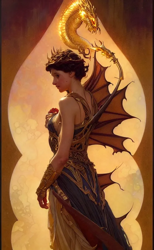 Image similar to magic gold dragon gorgeous lighting by weta studio, mucha, bautista and norman rockwell and greg rutkowski and tom bagshaw and james gurney and lucasfilm