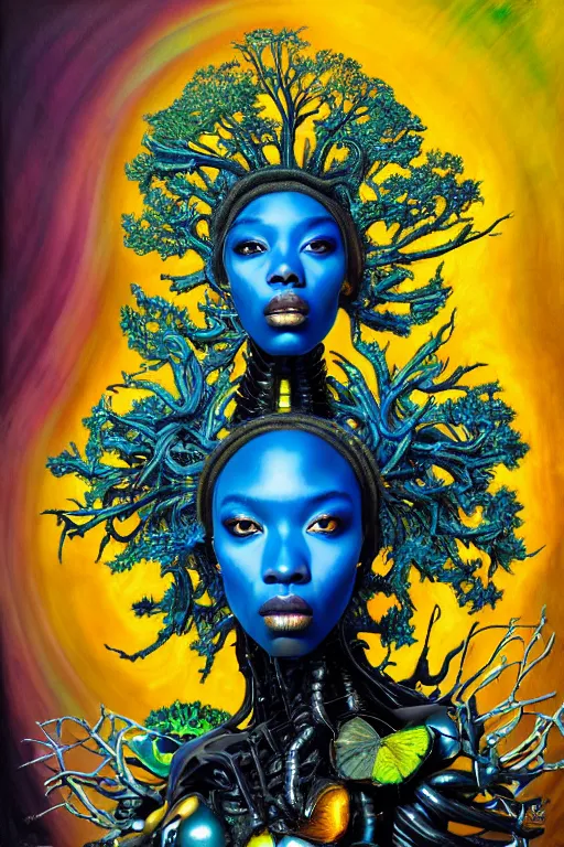 Image similar to hyperrealistic maximalist super expressive! black woman with exoskeleton armor, merging with tree in a forest, highly detailed digital painting masterpiece smooth cam de leon hannah yata dramatic pearlescent blue yellow light ground angle hd 8k sharp focus