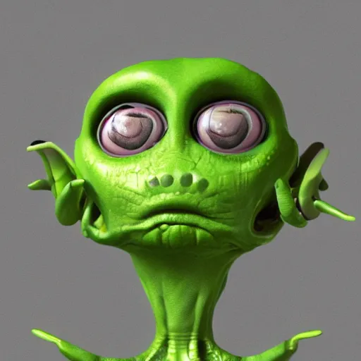 Prompt: an alien with big eyes and a green body, a computer rendering by David Firth, cgsociety, neo-figurative, polycount, zbrush, rendered in maya