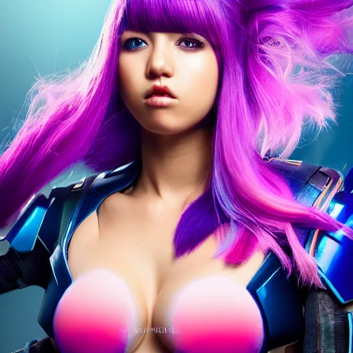 Image similar to a stunning high shutter speed action upper body portrait of a beautiful woman with a ombre purple pink hairstyle with hair flying wearing futuristic navy blue and teal battle bodyarmor and pauldrons by marvel comics, outrun, vaporware, action photography, highly detailed, fine detail, intricate, digital art, trending on artstation