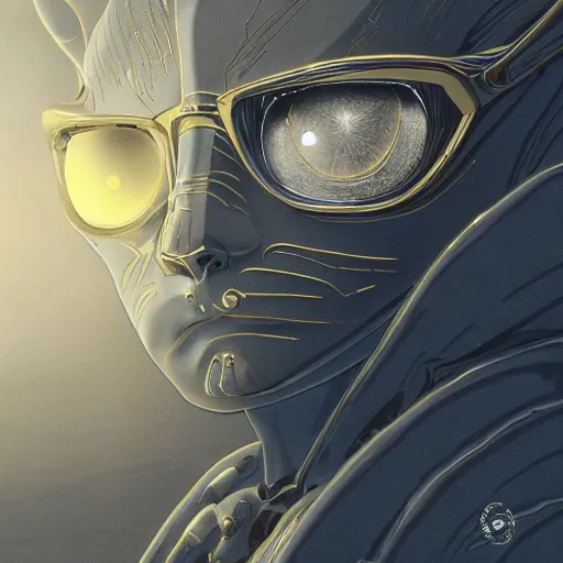 Image similar to gold and silver tones, cybernetic cat in a deserted town, style of moebius, james jean, rutkowski, cinematic, high detail, award winning, 8 k photorealistic