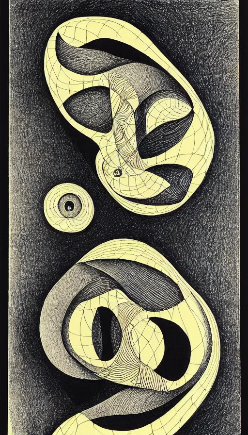 Image similar to M. C. Escher's mind drawn by M. C. Escher, gold paint, ink