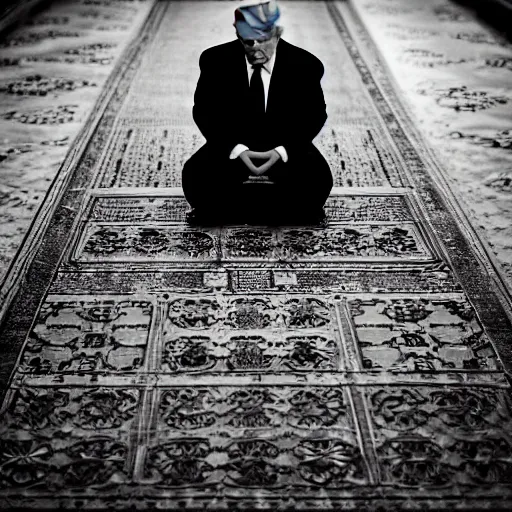 Image similar to Trump praying in mosque, award winning cinematic photography, 50 mm, blurred background, perfect faces