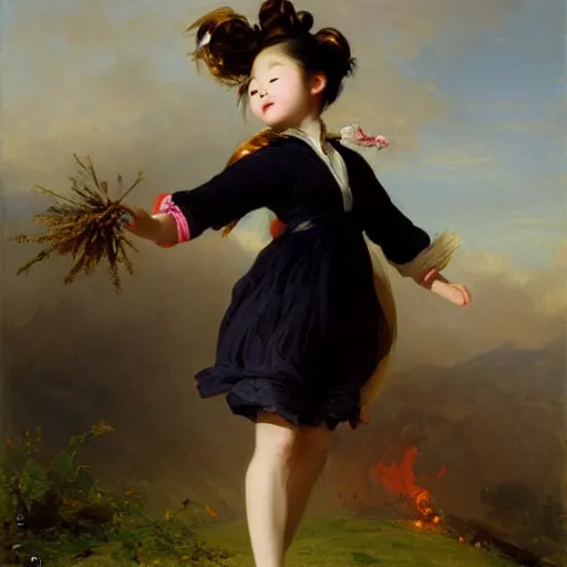 Image similar to a korean girl jumping over a bonfire by franz xaver winterhalter