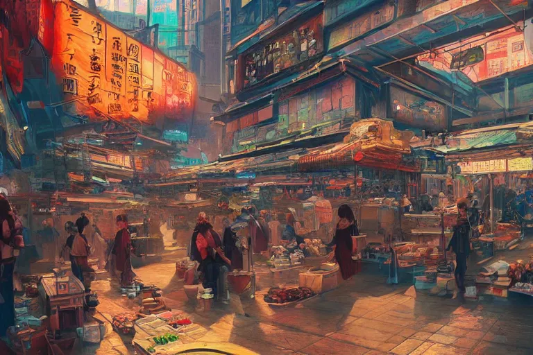 Prompt: a beautiful painting of a cyberpunk market, Feng Zhu, digital art, artstation