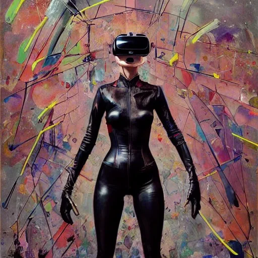 Image similar to grinning woman in a vr headset wearing leather outfit, dynamic energic pose, cyberpunk in the style of adrian ghenie, esao andrews, jenny saville, surrealism, dark art by james jean, takato yamamoto