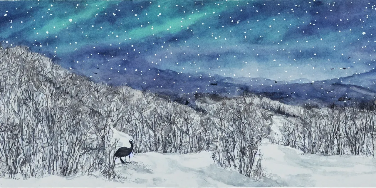 Prompt: laurentian appalachian mountains in winter, unique, original and creative black watercolour landscape, surrealist artwork, snowy night, distant town lights, aurora borealis, deers and ravens, footsteps in the snow, brilliant composition, fascinating textures