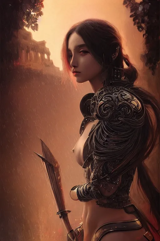 Prompt: portrait evilly knights of Zodiac girl smoky eyes, black fire color reflected armor, in ruined Agora of Athens rainy night, ssci-fi and fantasy, intricate and very very beautiful and elegant, highly detailed, digital painting, artstation, concept art, smooth and sharp focus, illustration, art by tian zi and WLOP and alphonse mucha