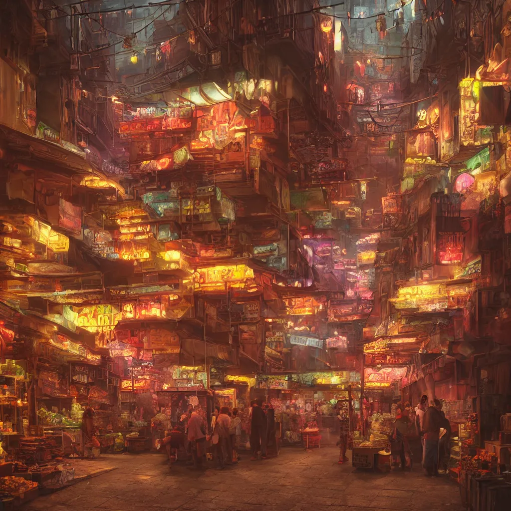 Prompt: A beautiful hyper realistic detailed matte painting of an alleyway market with dimmed neon lighting , trending on artstation, artstationHD, artstationHQ, unreal engine