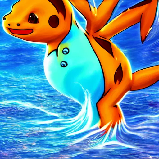 Prompt: a charmander with water powers, digital art, realistic,ocean background