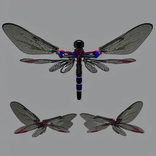 Prompt: a mechanized dragonfly wing spread out, with a rotor blade, orthographic view, top down view, bottom view, side view, rotor, mecha, helicopter blade, drone, drone lift, robotic, highly detailed, artstation, super realistic, unreal engine