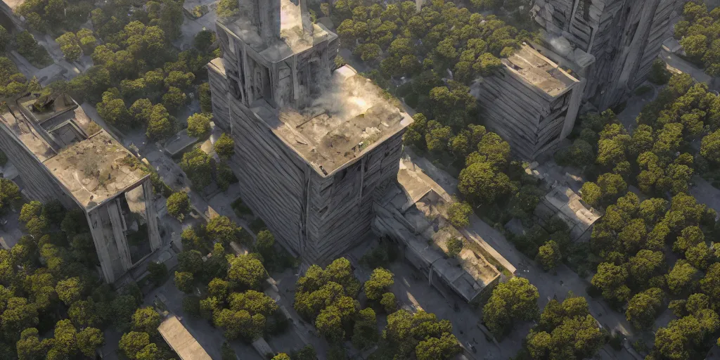 Image similar to brutalist architecture, abandoned streetscapes surrounded by lush green forest, aerial view, stunning volumetric lighting, sunset, rusted steel, smooth solid concrete, stunning skies, trending on Artstation, 8k, photorealistic, hyper detailed, unreal engine 5, IMAX quality, cinematic, epic lighting, in the style of the game DOOM, by Greg Rutkowski