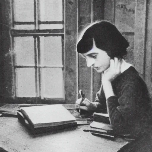 Image similar to Photograph of Anne frank writing in her diary in the attic