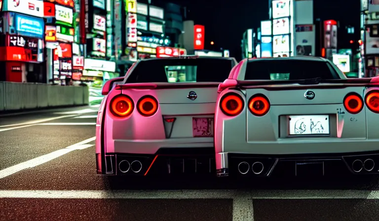 Image similar to wideshot of a nissan skyline gtr driving in tokyo at night, highly detailed, 4k photo, shot with sony alpha