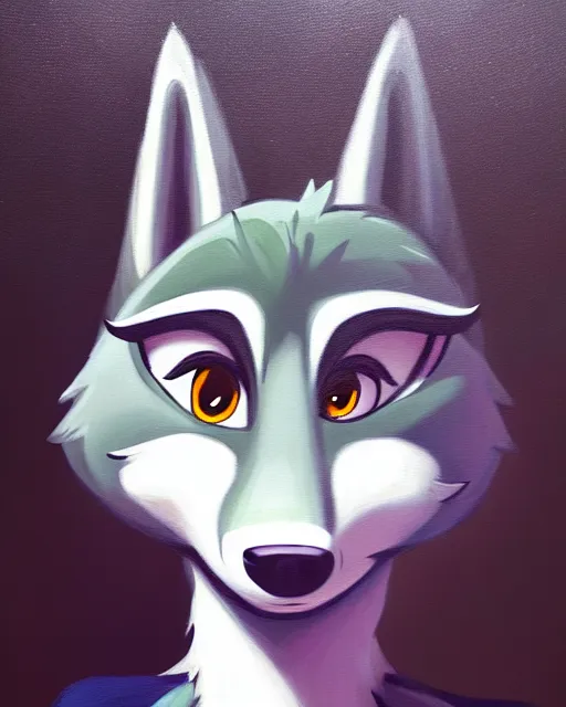 Image similar to oil painting of anthromorphic female wolf, in style of zootopia, female fursona, furry, furaffinity, 4 k, deviantart, furry art, fursona art, wearing black business suit, business suit, wolf fursona, female, very expressive detailed feminine face,