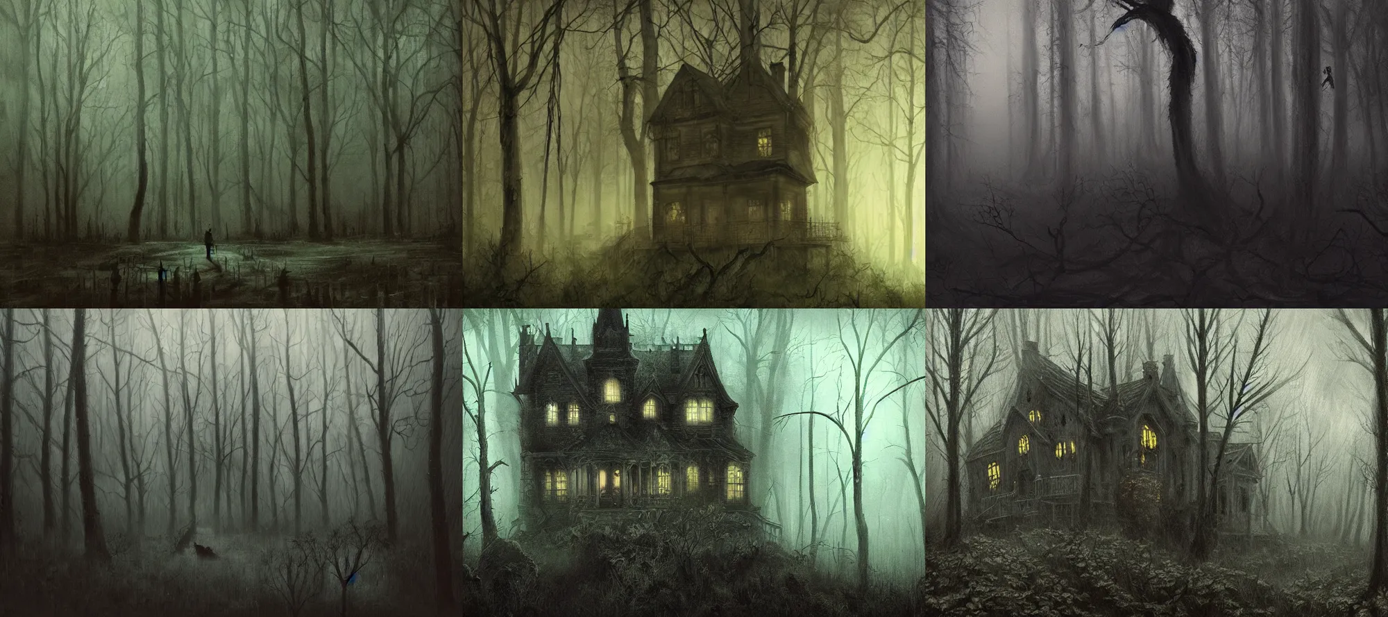 Prompt: haunted house in a dark forest, lush, ghost, terrifying, fog, oil painting, sharp brush strokes, insomnia inducing, asymmetry, creepy, high detail, intricate, octane, in the style of german romanticism