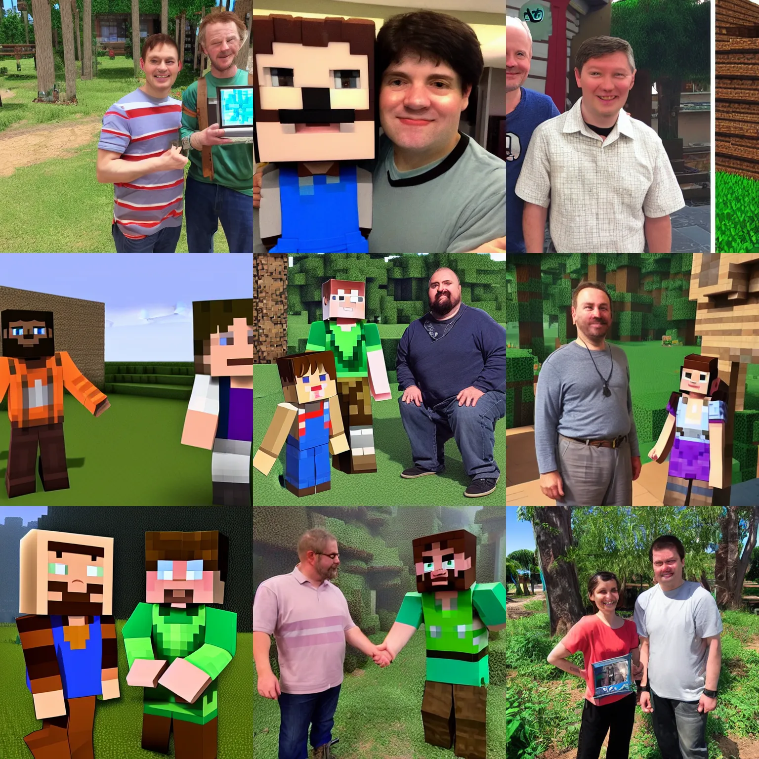 Prompt: photo of Steve and a villager from Minecraft and as real human people