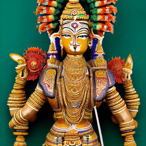 Image similar to a woman wearing an armor and headdress. the armor and headdress is made out of the colors, textures and sculptures of the meenakshi temple in madurai. intricate. detailed.