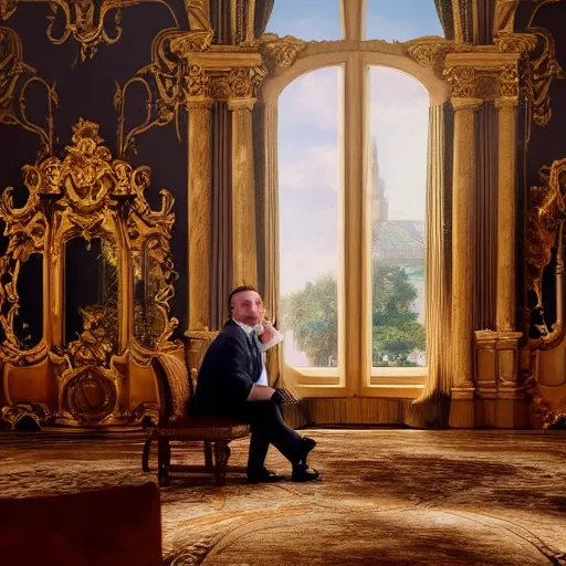 Prompt: childish fat politician with big stomch is sitting corner alone in giant luxury castle in baroque style