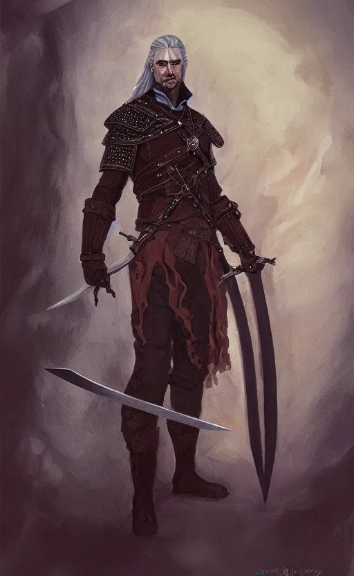 Image similar to an oil drawing of a witcher vampire with great sword in his hand, a character portrait by muggur, disco elysium character, featured on deviantart, fantasy art, concept art, official art, hd mod